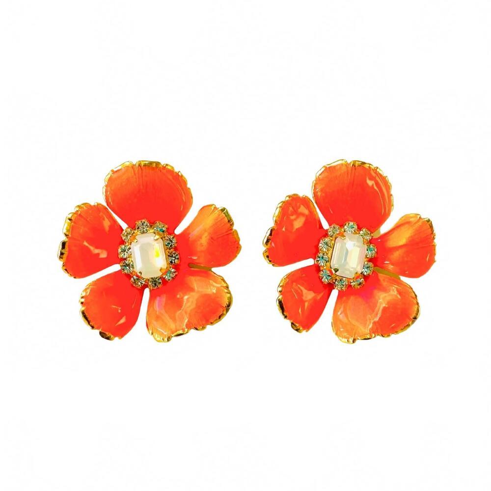 NEW THE PINK REEF women's small floral bold earrings in pink / orange